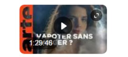 Vignette du documentaire Arte : Vapoter sans danger ? Une femme entourée de vapeur, titre en blanc sur fond sombre