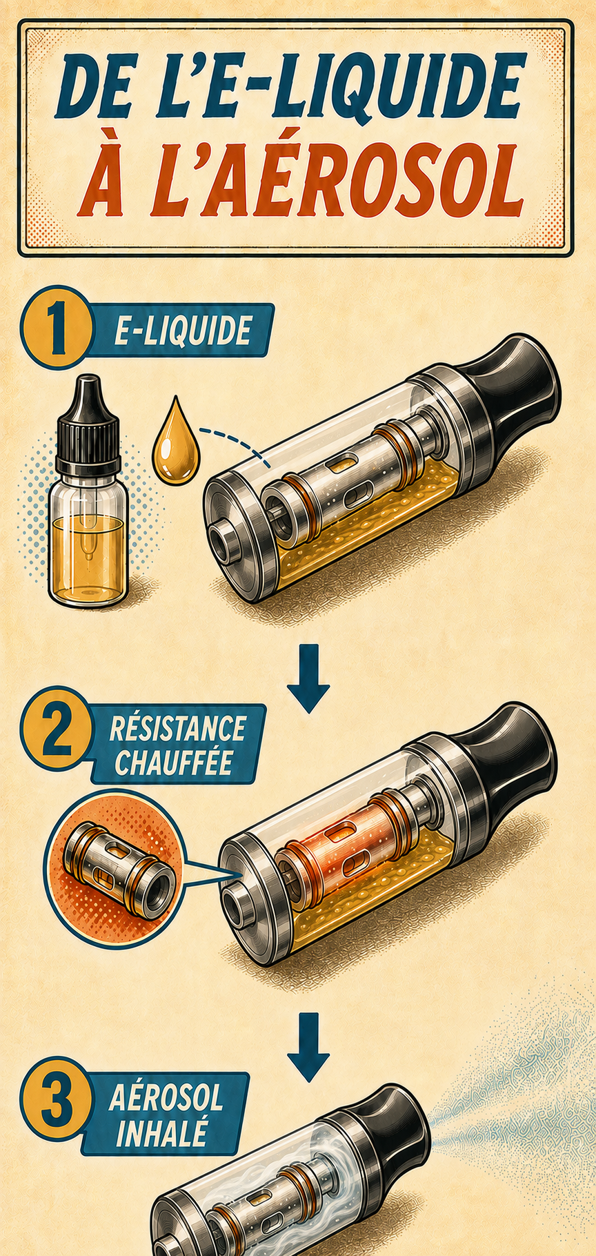 Schéma de la transformation de l’e-liquide en aérosol par la résistance d’une cigarette électronique