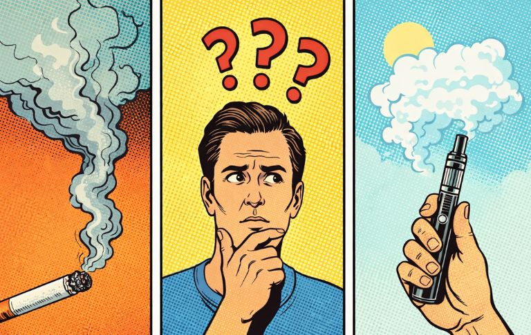 Illustration en style bande dessinée montrant le passage progressif de la cigarette à la vape, avec une phase d’hésitation entre les deux. 