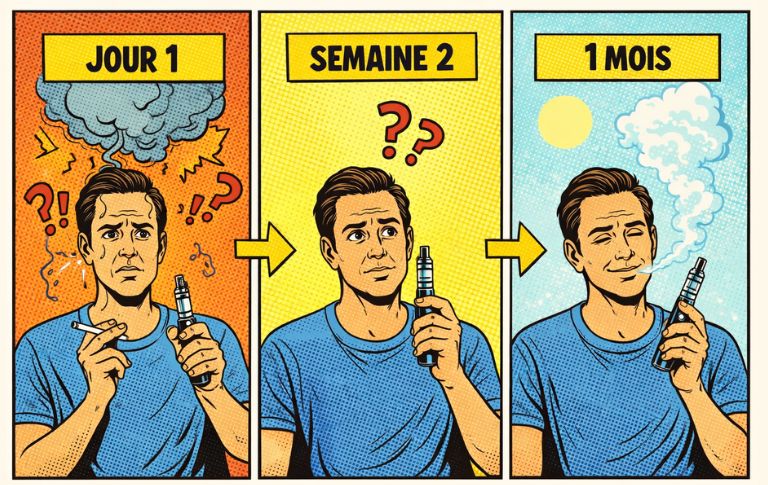 Illustration en bande dessinée montrant l’évolution progressive d’un utilisateur de la vape entre le premier jour, la deuxième semaine et le premier mois.