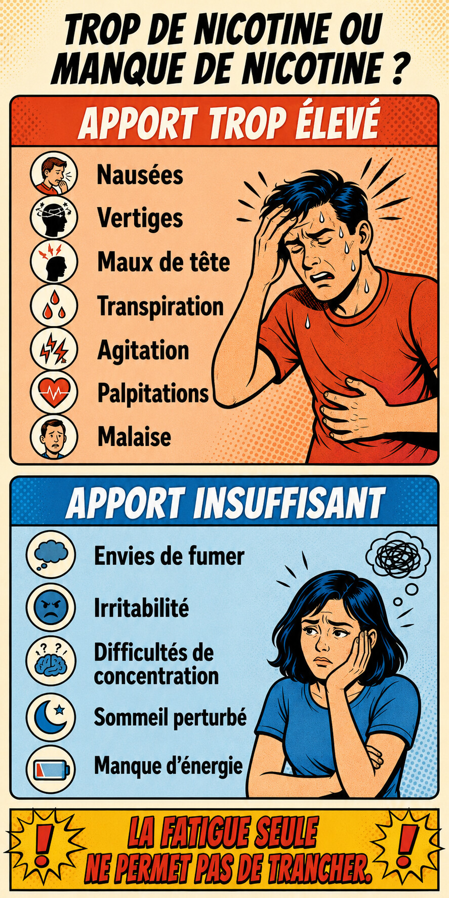 Infographie mobile comparant les signes d’un apport trop élevé et insuffisant en nicotine.
