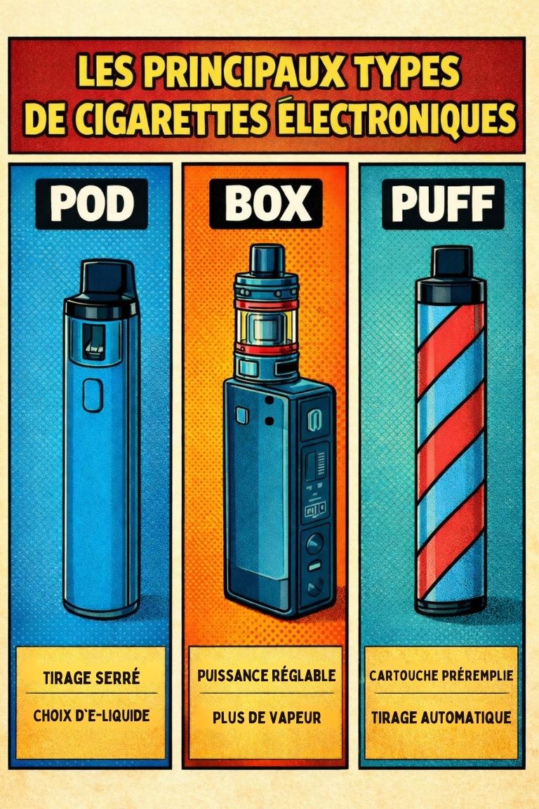 Les principaux types de cigarettes &eacute;lectroniques : pod, box et puff rechargeable utilis&eacute;s pour vapoter