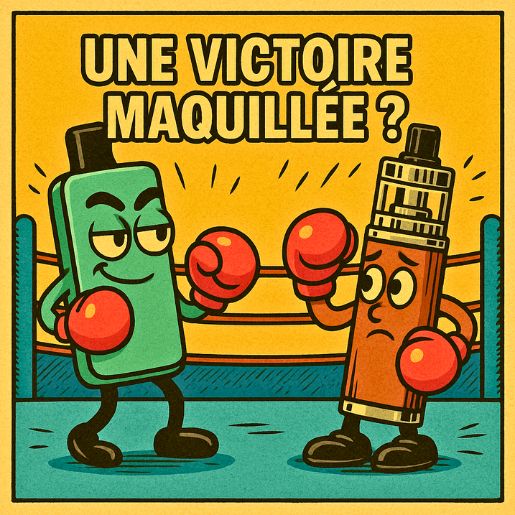 La puff sûre d’elle face à une cigarette électronique inquiète, dans un style BD rétro avec le titre "UNE VICTOIRE MAQUILLÉE ?"