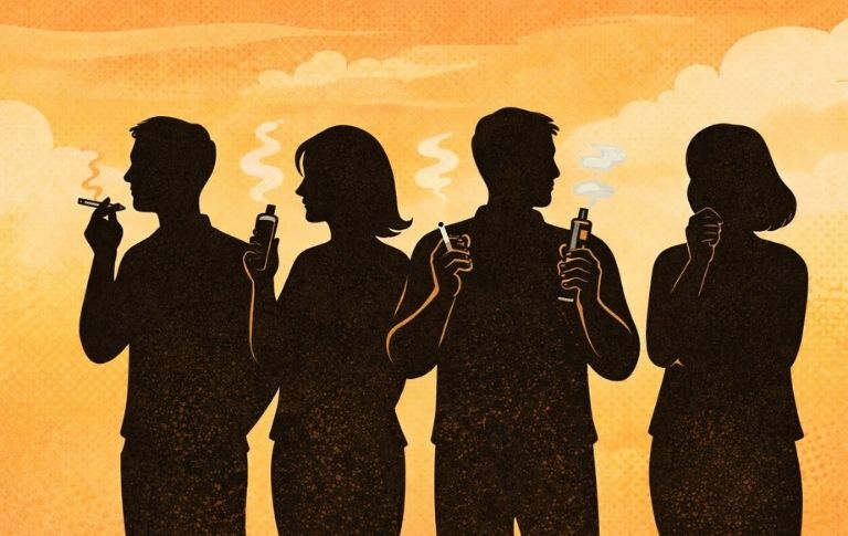 Illustration p&eacute;dagogique en style bande dessin&eacute;e montrant diff&eacute;rentes fa&ccedil;ons d&rsquo;utiliser cigarette et vapotage selon les personnes, sans hi&eacute;rarchie entre les usages.
