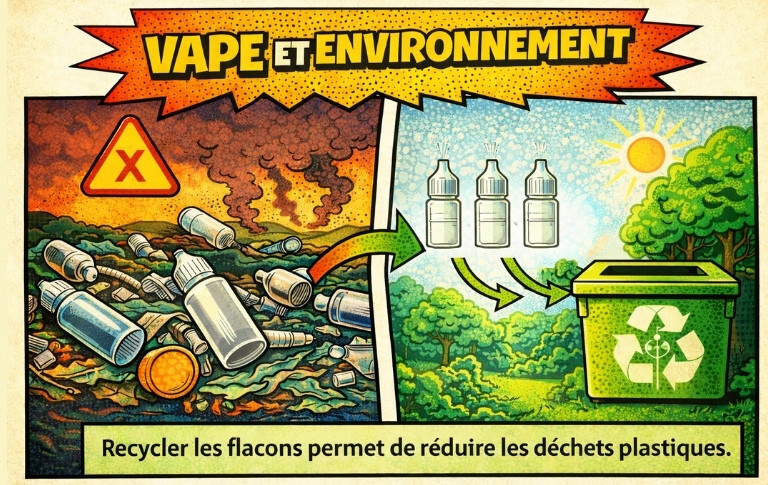 Illustration pédagogique comparant la pollution liée aux flacons d’e-liquide jetés dans la nature et le recyclage dans une filière adaptée.