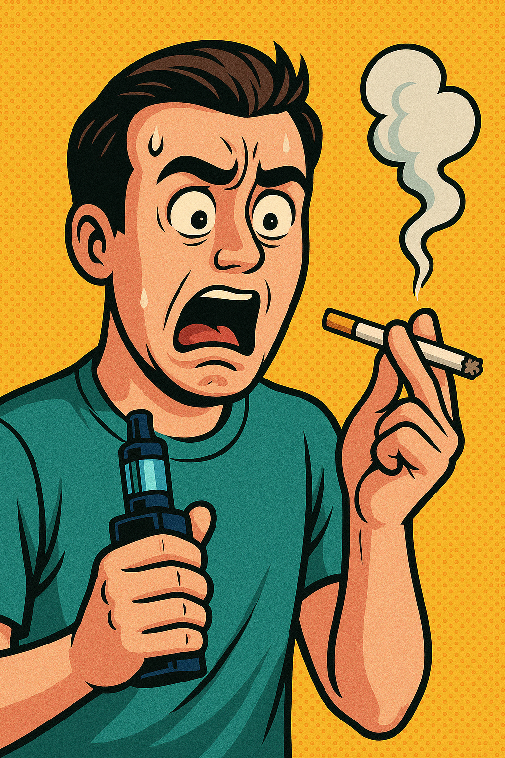 Illustration pop art d’un vapoteur surpris et dégoûté en tenant une cigarette allumée après avoir utilisé une cigarette électronique.