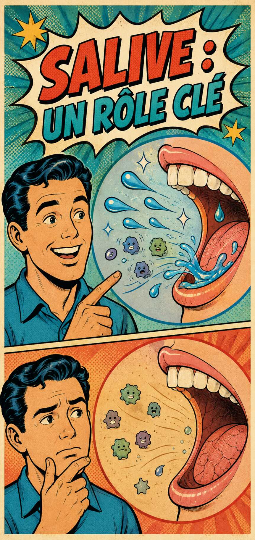 Illustration rétro expliquant le rôle de la salive et les effets d’une bouche sèche