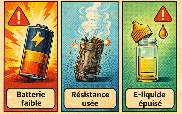 Illustration p&eacute;dagogique en style bande dessin&eacute;e montrant une batterie faible, une r&eacute;sistance us&eacute;e et un e-liquide &eacute;puis&eacute;