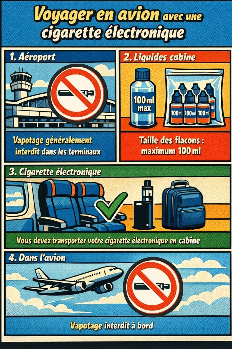 Illustration pédagogique des règles pour voyager en avion avec une cigarette électronique : vapotage interdit dans les terminaux, liquides cabine 100 ml maximum, cigarette électronique transportée en cabine et vapotage interdit à bord.