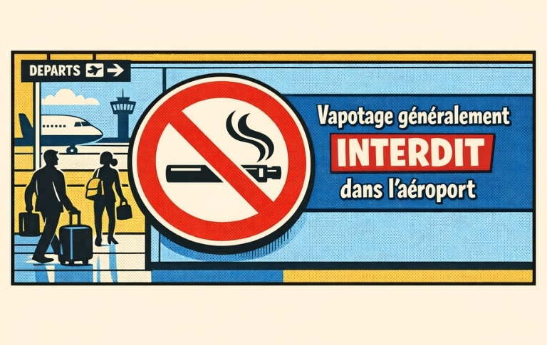 Illustration pédagogique montrant que le vapotage est généralement interdit dans les terminaux d’aéroport