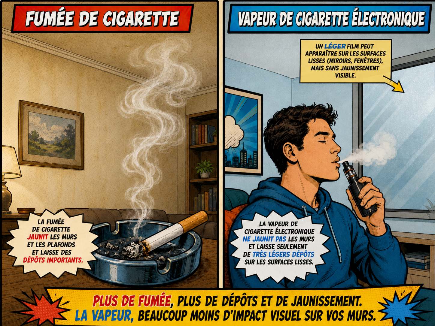 Comparaison entre les dépôts de fumée de cigarette et de vapeur de cigarette électronique sur les murs