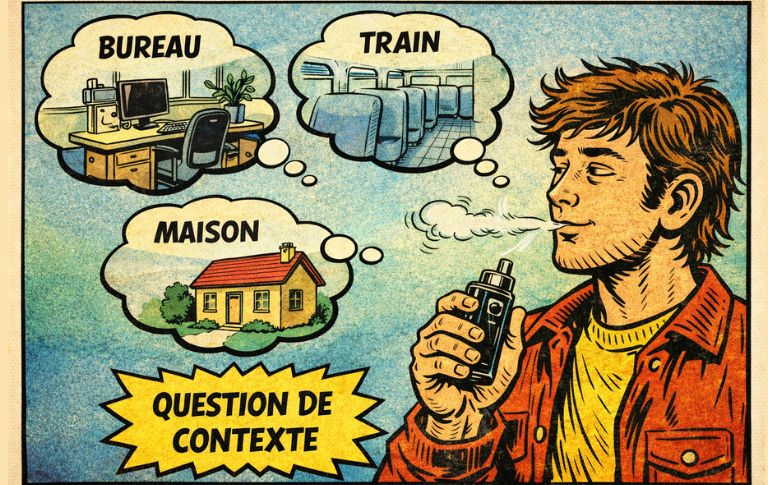 Illustration en bande dessin&eacute;e repr&eacute;sentant un vapoteur utilisant une cigarette &eacute;lectronique de mani&egrave;re discr&egrave;te selon le contexte, avec des r&eacute;f&eacute;rences au bureau, au train et &agrave; la maison.