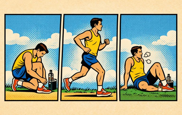 Illustration en bande dessin&eacute;e montrant un coureur avant la course, pendant la course et apr&egrave;s l&rsquo;effort, avec une cigarette &eacute;lectronique pr&eacute;sente uniquement hors de l&rsquo;effort.