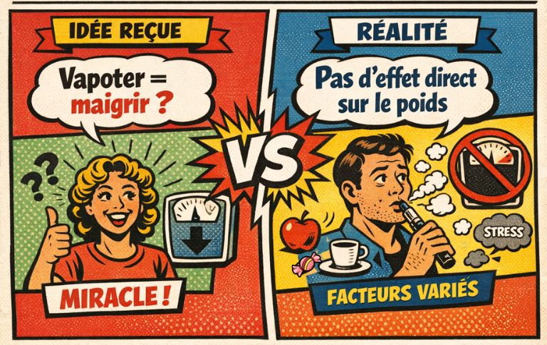 Illustration p&eacute;dagogique en style bande dessin&eacute;e r&eacute;tro montrant les id&eacute;es re&ccedil;ues et la r&eacute;alit&eacute; sur le lien entre vapotage et poids.
