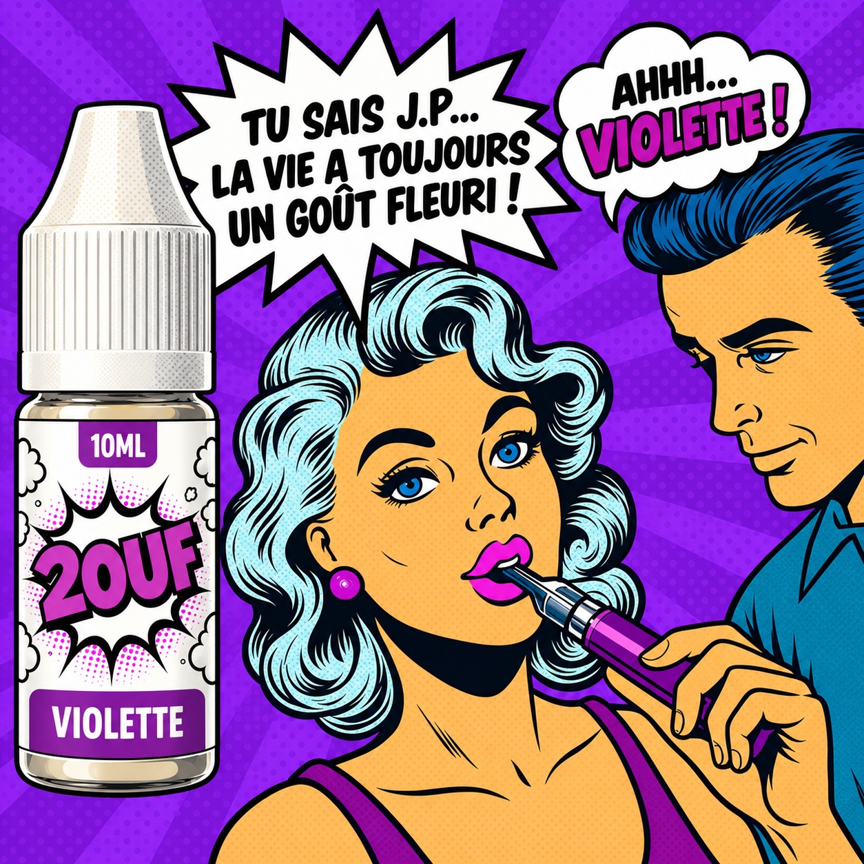 Couple en style pop art, une femme vapote violette en disant &laquo; La vie a toujours un go&ucirc;t fleuri &raquo;, avec un flacon 2OUF Violette.