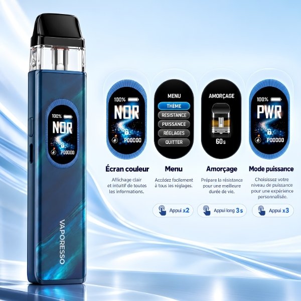 Écran couleur TFT du XROS 6 Vaporesso avec menu, amorçage et mode puissance